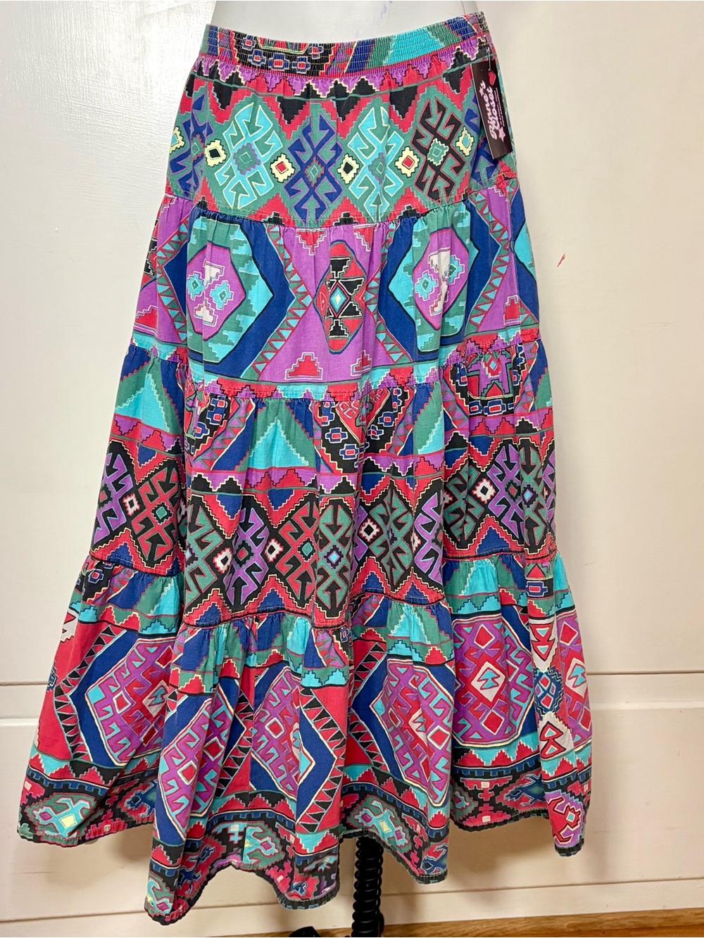 Vintage 90s Cotton Southwestern Aztec  Print  Cotton Tiered Maxi Skirt